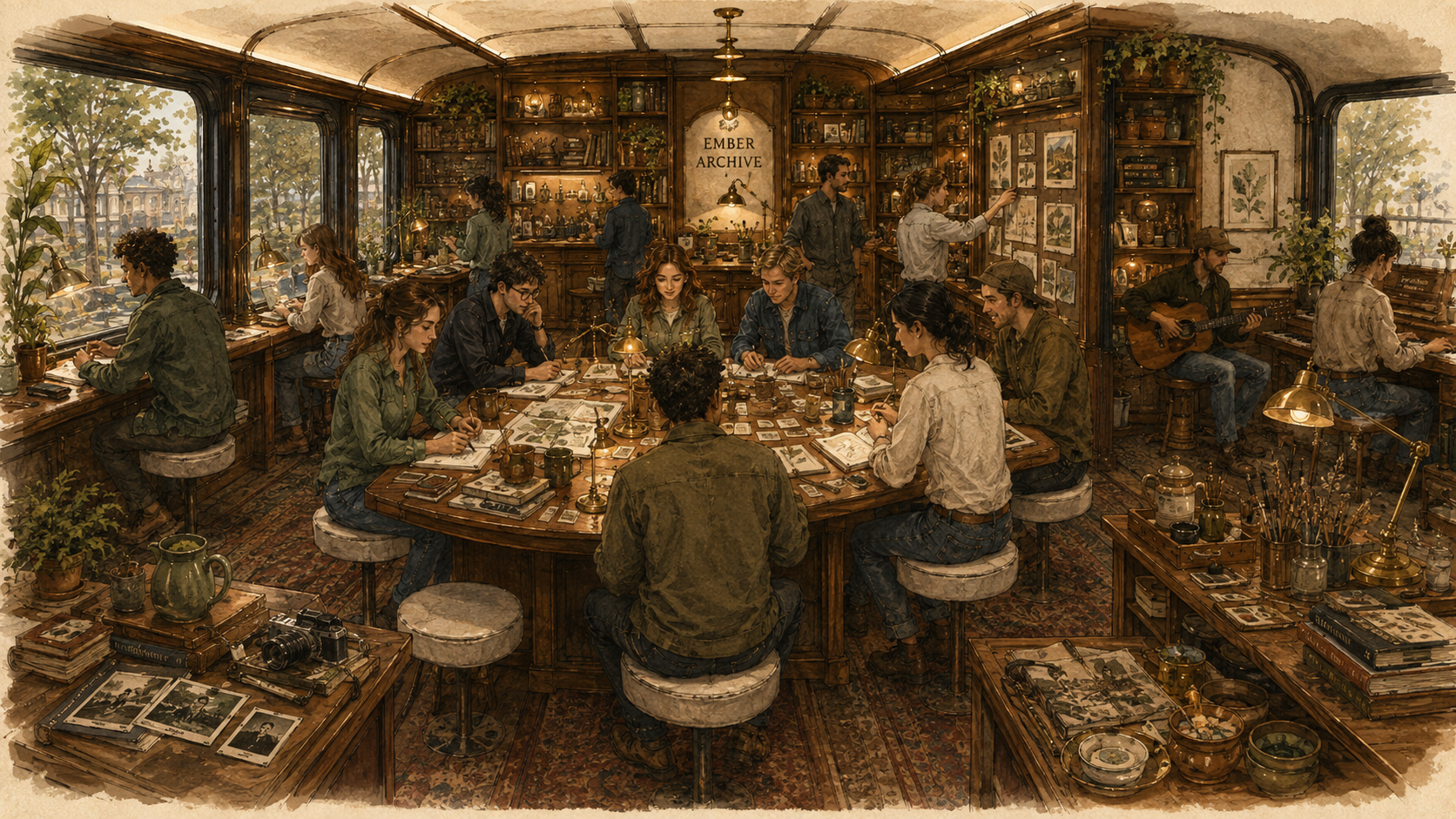 Artists and collaborators gathered around creative work